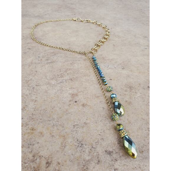 Heidi Daus Gold Tone Blue Iridescent Beaded Lariat Drop Necklace - Picture 3 of 7